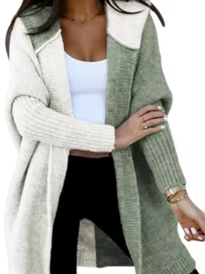 Astylish Women 2025 Fall Outfits Open Front Long Sleeve Hooded Knit Cardigan Sweaters Color Block Outwear Coats