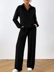 PRETTYGARDEN Women Fall 2 Piece Outfits Sweatsuits Quarter Button Long Sleeve Sweatshirt Wide Leg Pants Tracksuit Lounge Sets